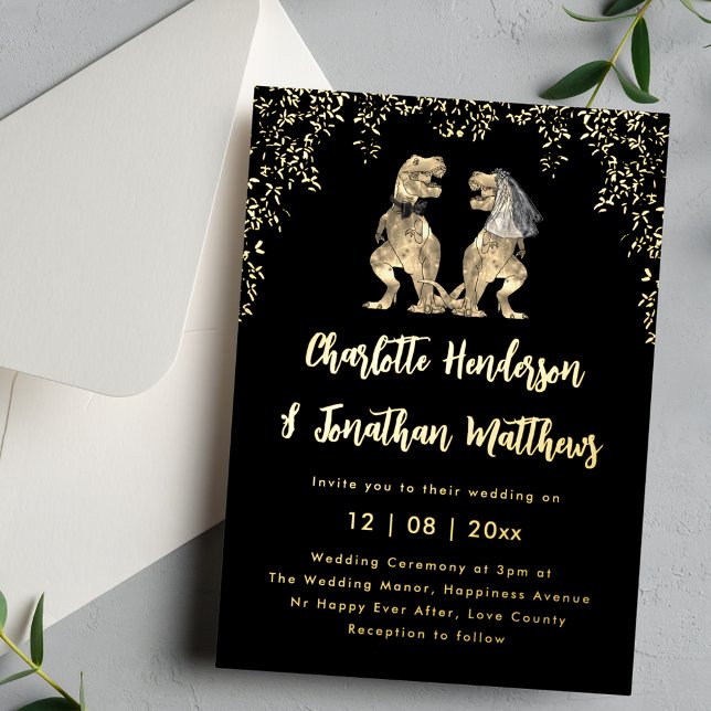 Dinosaur Wedding T-Rex Bride & Groom Black & Gold  Folieneinladung (Funny Dinosaur T-Rex bride and groom black and gold foil wedding invitation )