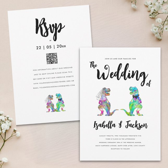 Dinosaur Wedding T-Rex Bride und Einladung zu Gräu (Fun dinosaur theme wedding qr code invitation with colorful T-Rex dino bride and groom)