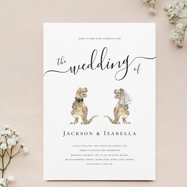 Dinosaur Wedding T-Rex Bride und Einladung zu Gräu (Fun Dinosaur theme wedding invitation T-Rex bride and groom elegant modern script minimalist design)