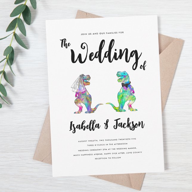 Dinosaur Wedding T-Rex Bride und Groom Einladung (Colorful T-Rex bride and groom fun dinosaur wedding invitation with whimsical script)