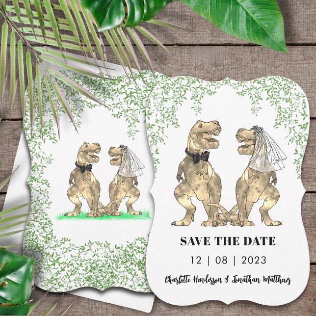 Dinosaur Wedding T-Rex Bride und Groom Save The Date (Dinosaur wedding save the date invitation with T-Rex bride & groom Jurassic jungle foliage )