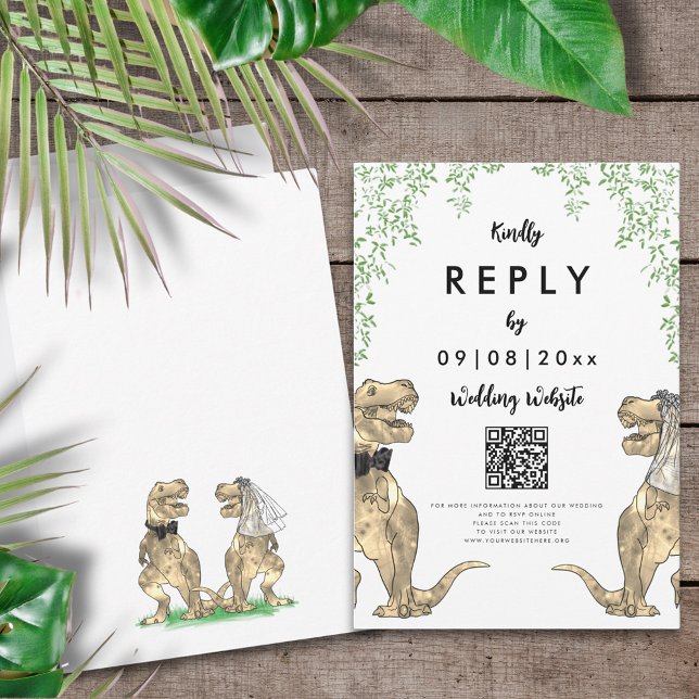 Dinosaur Wedding Website Antwort QR Code (T-Rex bride and groom dinosaur wedding themed invitation online reply website qr code enclosure card)