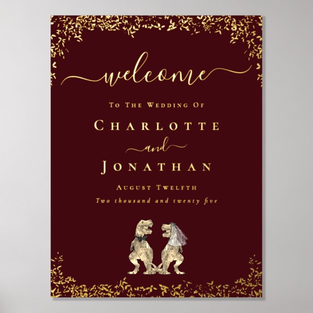 Dinosaur Wedding Welcome Burgundy Gold Foliendrucke (Vorderseite)