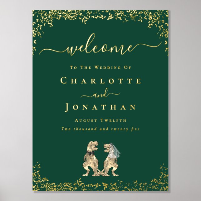 Dinosaur Wedding Welcome Green and Gold Foliendrucke (Vorderseite)