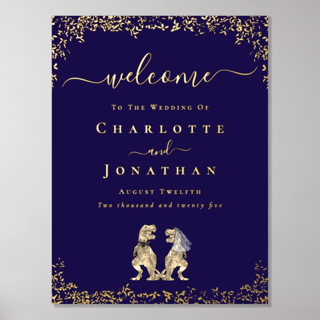 Dinosaur Wedding Welcome Navy Blue Gold Foliendrucke (Vorderseite)