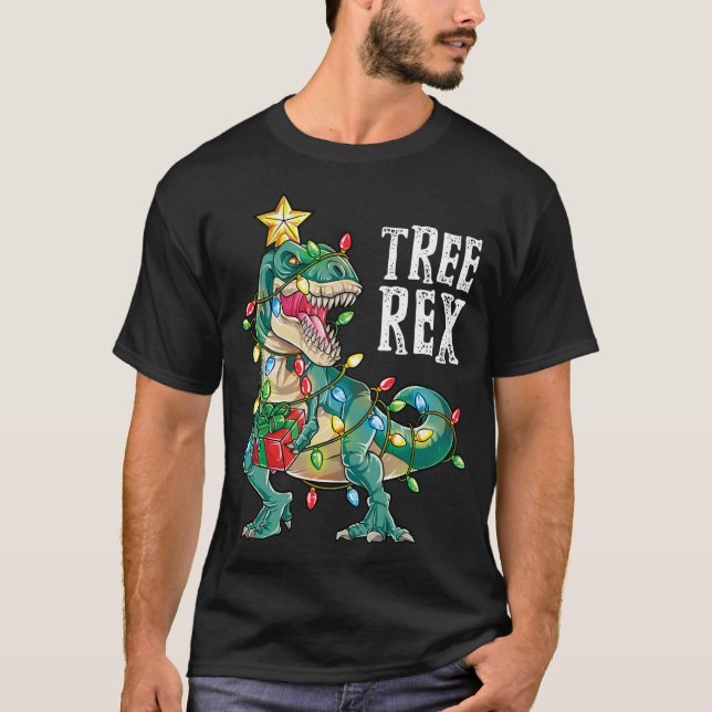 Dinosaur Weihnachtsbaum Rex Pajamas Xmas Lights T-Shirt (Vorderseite)