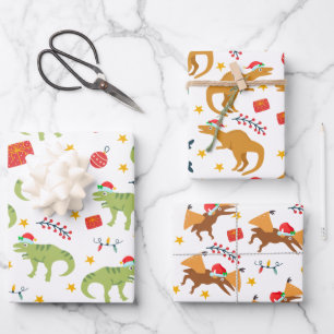 Dinosaur Weihnachtsmuster, Weiß-Weihnachtsmannmütz Geschenkpapier Set