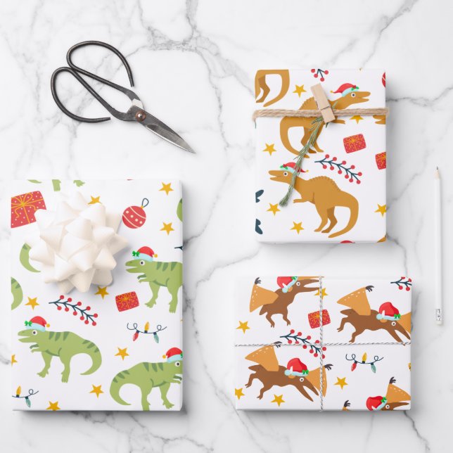 Dinosaur Weihnachtsmuster, Weiß-Weihnachtsmannmütz Geschenkpapier Set (Vorderseite)