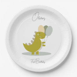 Dinosaur Yellow Green Grey Erster Geburtstag Pappteller