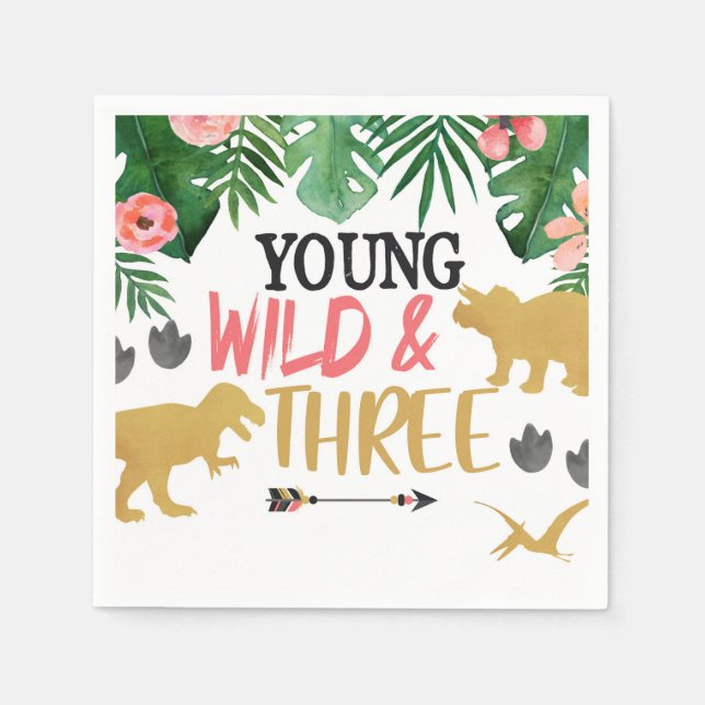 Dinosaur Young Wild Three Dritter Geburtstag Napki Serviette (Vorderseite)