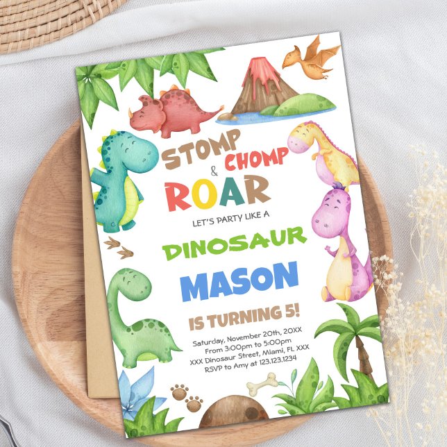 Dinosaure Aquarelle Verte Invitation Anniversaire (Green Watercolor Dinosaur Birthday Invitations)