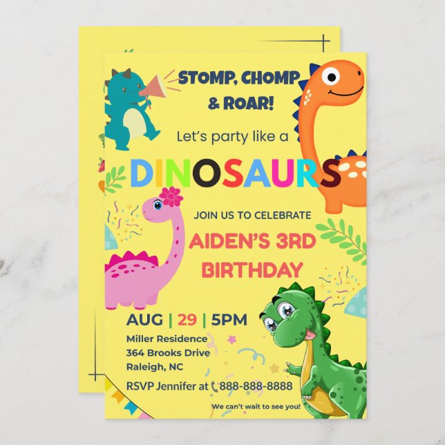 Dinosaure Editable Invitation Anniversaire (Devant / Derrière)