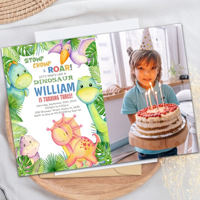 Dinosaure Editable Invitation d'anniversaire avec  (Green watercolor Dinosaur Birthday photo Invitation)
