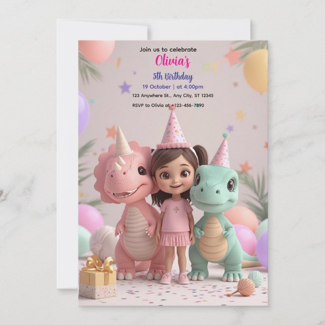 Dinosaure fille mignonne Invitation d'anniversaire (Devant)