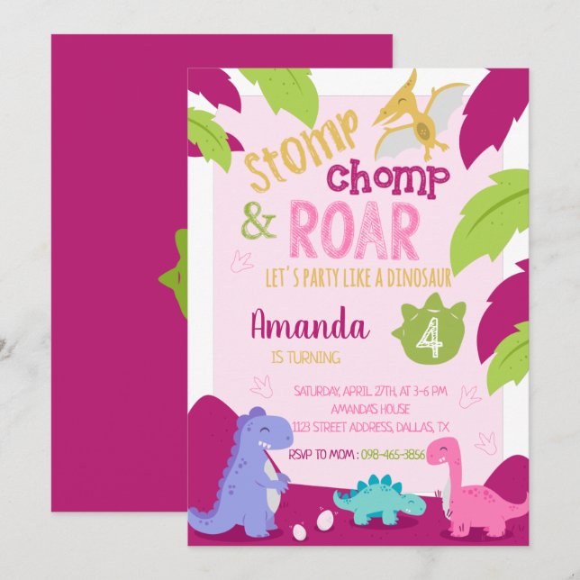 Dinosaure fille rose Invitation d'anniversaire (Devant / Derrière)