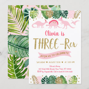 Dinosaure fille rose TROIS REX Invitation d'annive