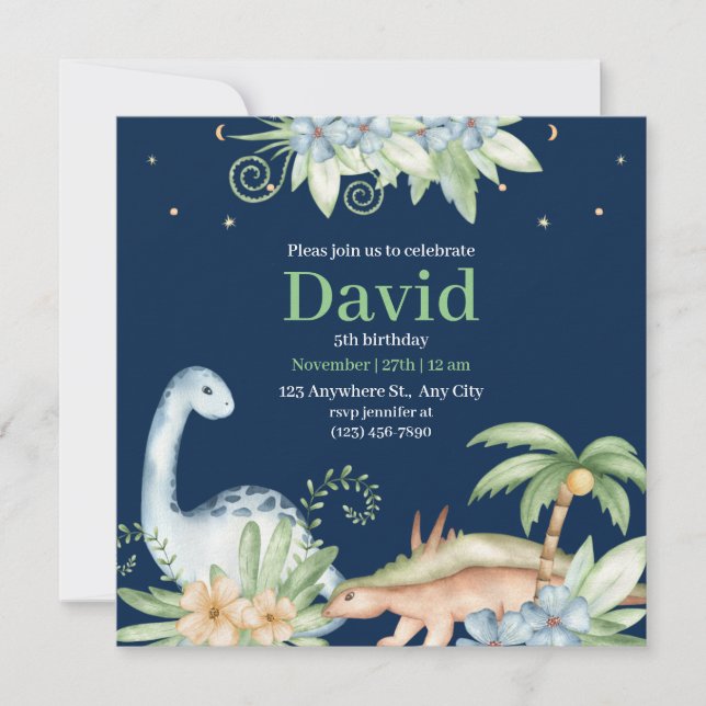 Dinosaure Floral Bleu Vert Invitation Anniversaire (Devant)