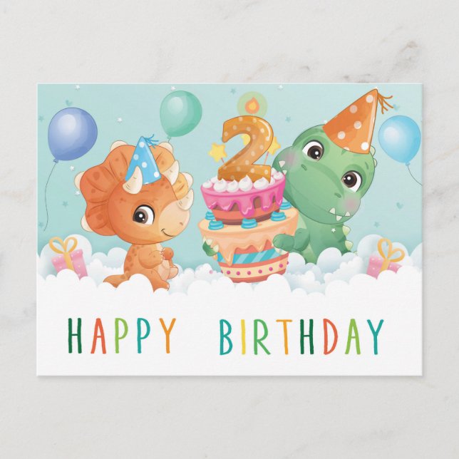 dinosaure mignon carte de 2ème anniversaire (Devant)