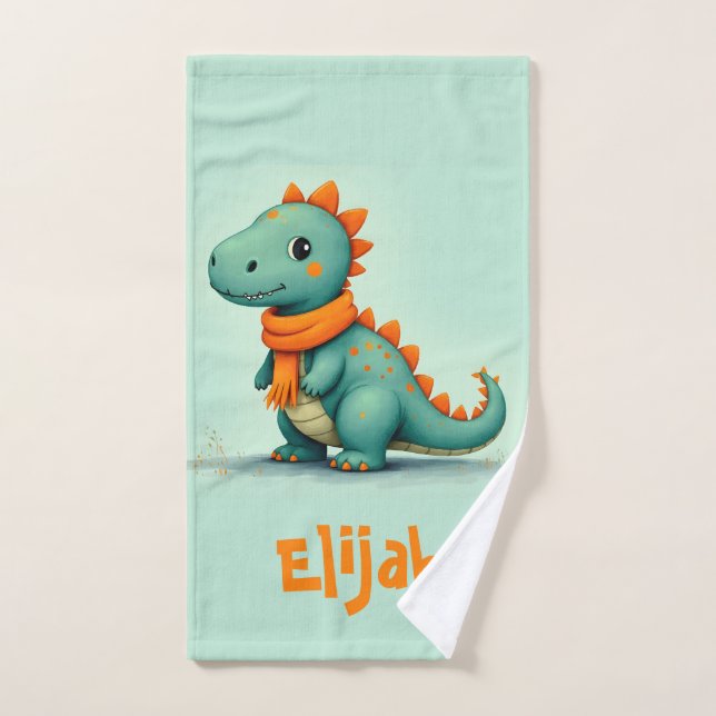 Dinosaure mignon portant une écusson orange (Serviette à main)