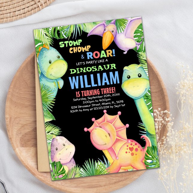 Dinosaure noir vert Invitations d'anniversaire (Green Black Dinosaur Birthday Invitations)