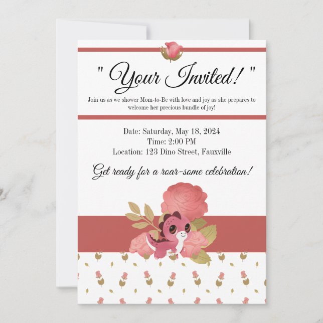 Dinosaure Rose Cute Thème Baby shower Invitation (Devant)
