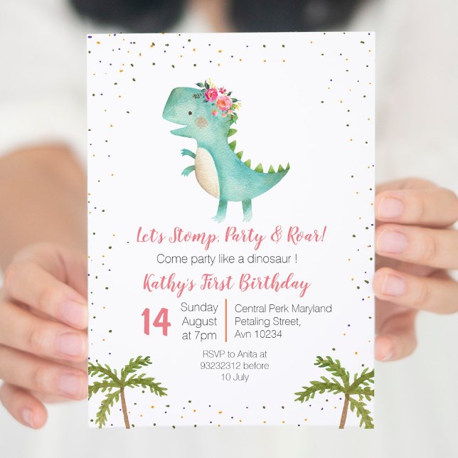 Dinosaure rose floral Invitation d'anniversaire fi (Créateur téléchargé)