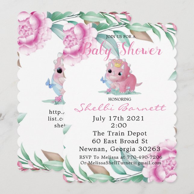Dinosaure rose mignon et Invitations Baby showers  (Devant / Derrière)