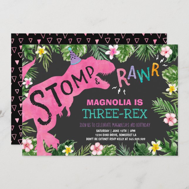 Dinosaure Trois Rex Invitation Anniversaire Dino (Devant / Derrière)