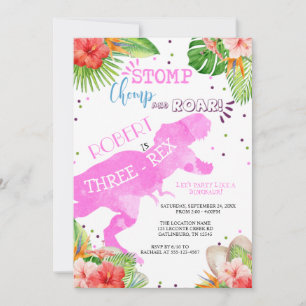 Dinosaure Trois Rex Invitation Anniversaire Fille