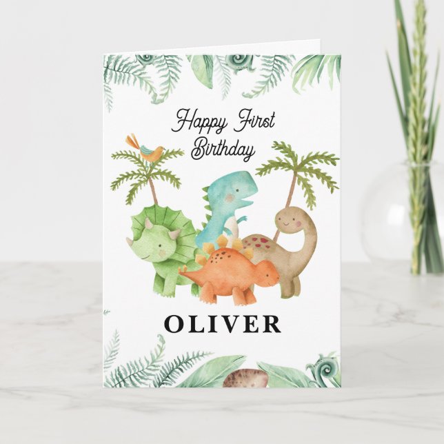 Dinosaures Bonne Carte de voeux pour 1er anniversa (Devant)