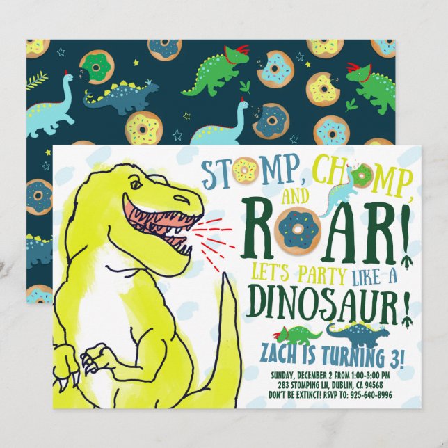 Dinosaures et Donuts Anniversaire Fête Invitation (Devant / Derrière)