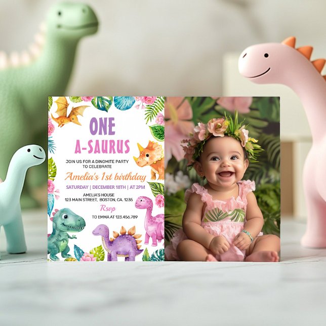 Dinosaures Fille 1er Anniversaire Photo Invitation (Créateur téléchargé)