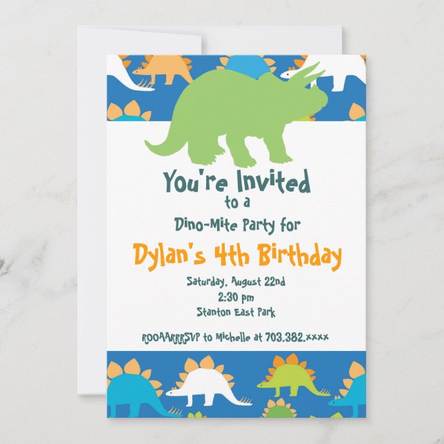 Dinosaures vert et bleu Invitations de fête d'anni (Devant)