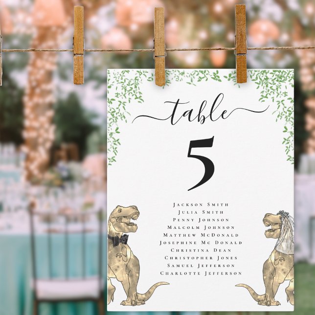 Dinosaurien-Hochzeitstisch-Sitzplan (Dinosaur wedding table chart Whimsical elegant script T-Rex bride & groom watercolor greenery)
