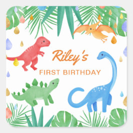 Dinosaurier 1. Geburtstag Einladung farbenfroh Nie Quadratischer Aufkleber