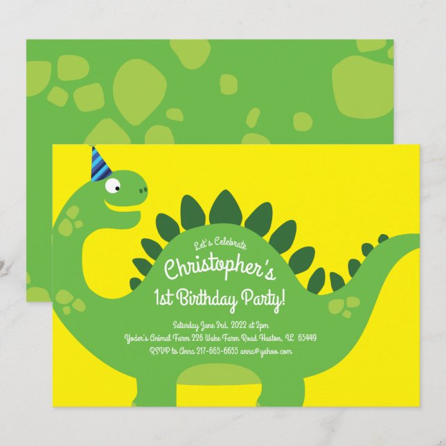 Dinosaurier 1. Geburtstag Niedliche Einladungen (Vorne/Hinten)