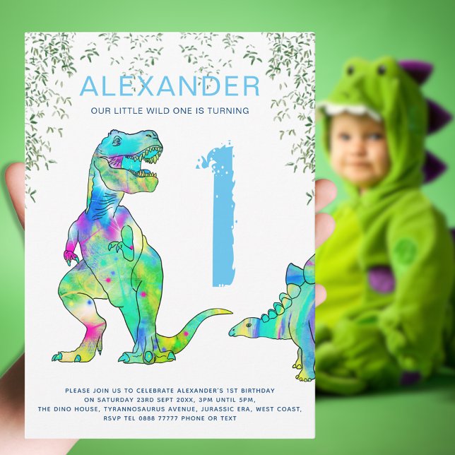 Dinosaurier 1. Geburtstag Party wild Einladung (Dinosaur wild one boys blue color theme 1st birthday party invitation colorful T-Rex & stegosaurus )