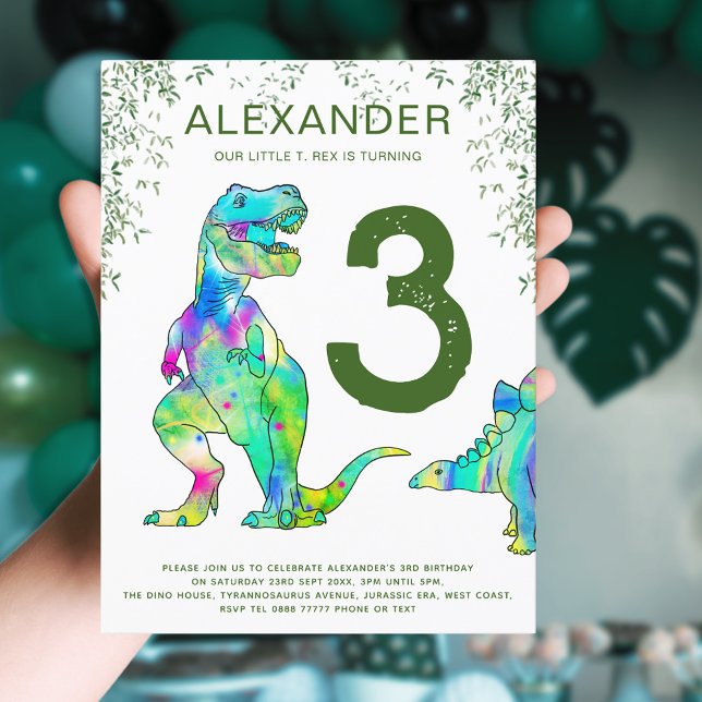 Dinosaurier 3. Geburtstag Party Budget Einladungspostkarte (T-Rex dinosaur jungle 3rd birthday party budget invitation postcard green)