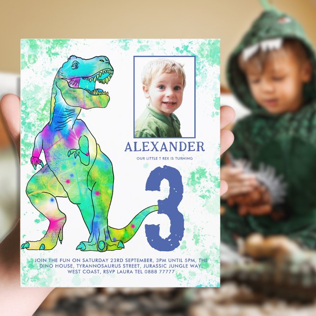 Dinosaurier 3. Geburtstag Party Foto (T-Rex Dinosaur colorful watercolor 3rd birthday party budget invitation thrift dino party)