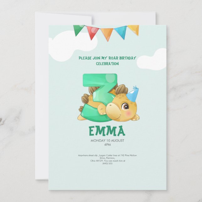 Dinosaurier 3. Geburtstagskinder Einladung (Vorderseite)