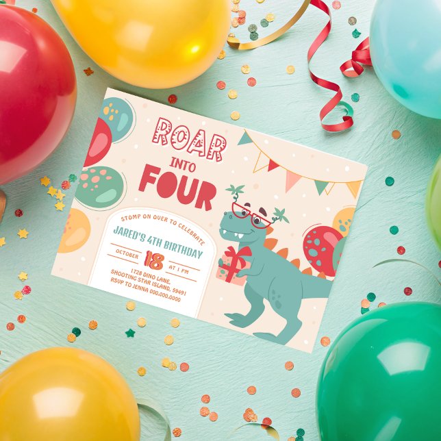 Dinosaurier 4. Geburtstag Einladung Junge. Roar in (Dinosaur 4th Birthday Invite Boy. Roar Into 4 Invitations. Four T-Rex Dino Themed Invitation. Printa)