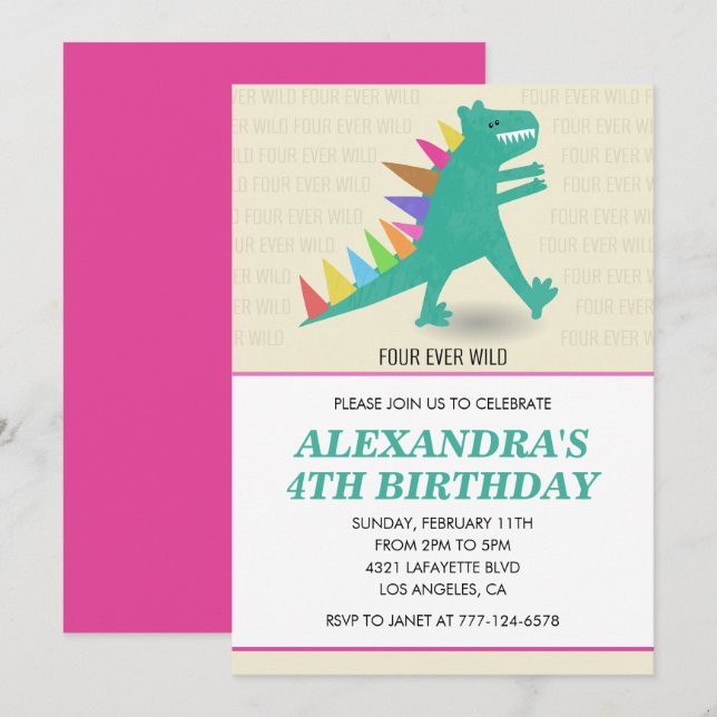 Dinosaurier 4. Geburtstag Einladungen Girl pink (Vorne/Hinten)