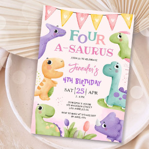 Dinosaurier 4. Geburtstag Pink Niedlich Four A-Sau Einladung