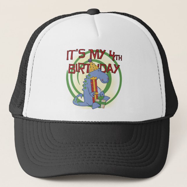 Dinosaurier 4. Geburtstag T - Shirt und Geschenke Truckerkappe (Vorderseite)
