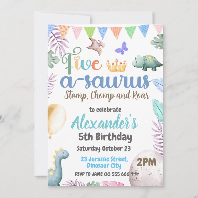 Dinosaurier 5. Geburtstag 5-A-Saurus-Party Einladung (Vorderseite)