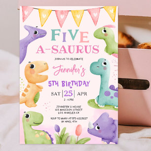 Dinosaurier 5. Geburtstag Pink Niedlich Vier A-Sau Einladung