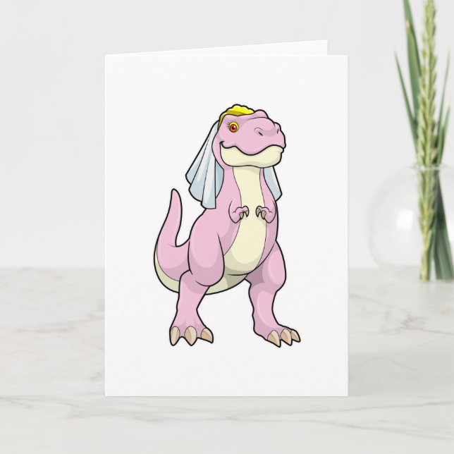 Dinosaurier als Braut bei Hochzeit mit Veil Karte (Vorderseite)