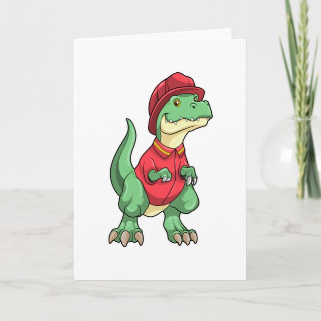 Dinosaurier als Feuerwehrmann mit Feuerhelm Karte (Vorderseite)