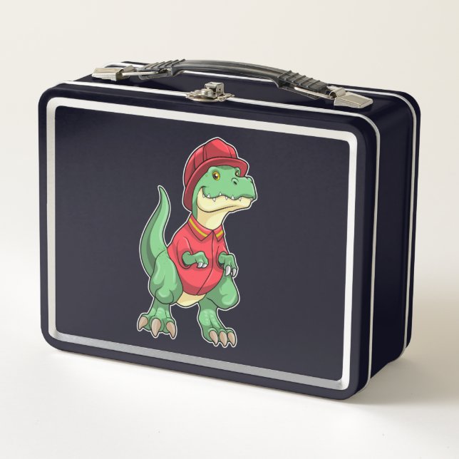 Dinosaurier als Feuerwehrmann mit Feuerhelm Metall Brotdose (Vorderseite)