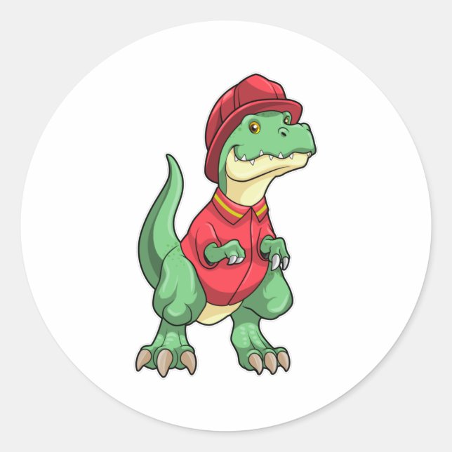 Dinosaurier als Feuerwehrmann mit Feuerhelm Runder Aufkleber (Vorderseite)